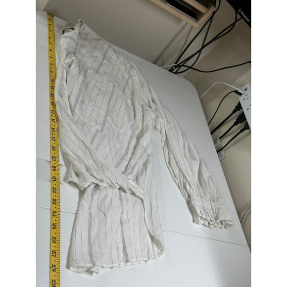 AllSaints Top Womens Small White Penny Stripe Surplice V-Neck Hi Lo Summer Sheer - Picture 12 of 12